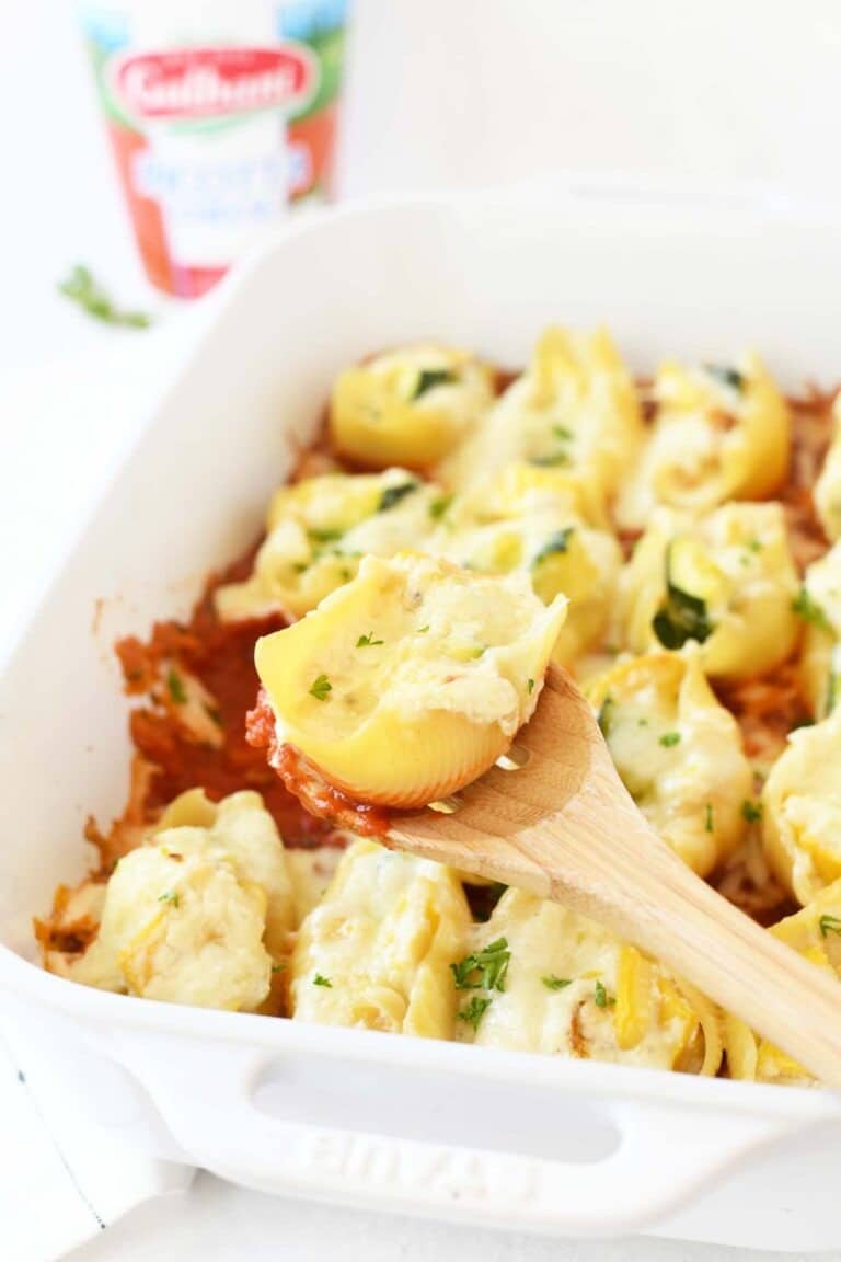 Cheesy Summer Squash Stuffed Shells - Sizzling Eats